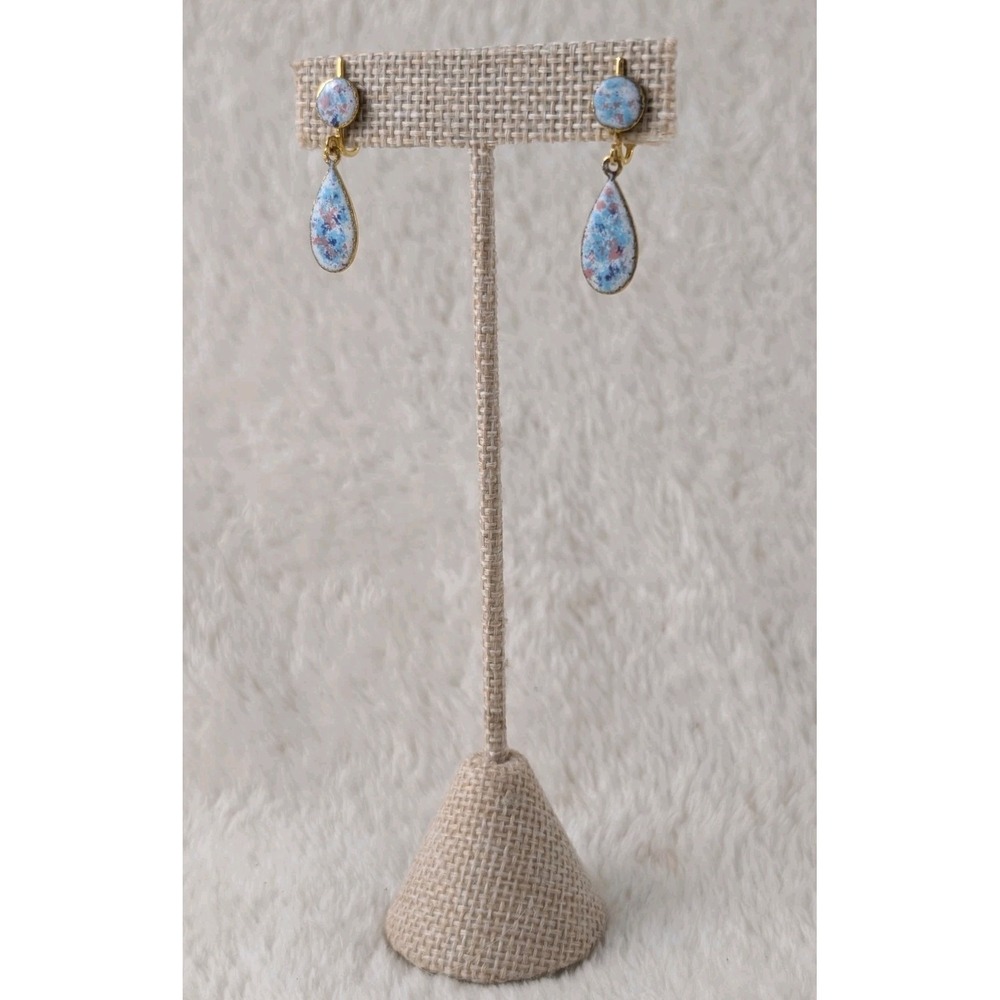 Blue Enamel Teardrop Clip On Earrings Gold‎ Tone Vintage Style
